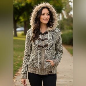 Billabong Fur Lined Hoodie Sweatshirt with Wood Toggle Buttons Size M